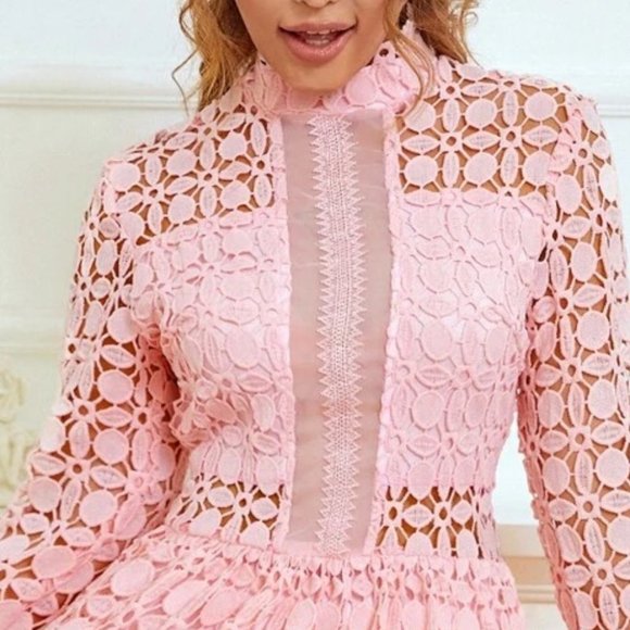 Mesh Insert Mock Neck Flounce Sleeve Lace Dress PINK - Picture 7 of 7